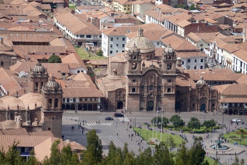 A view of the Paza de Armas in Cusco from the Saqsawayan hill